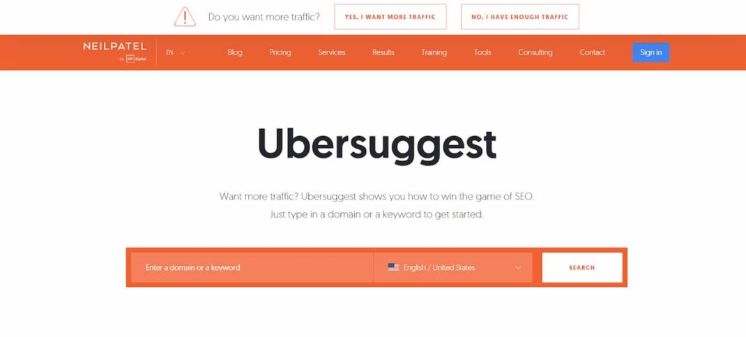 Ubersuggest home page